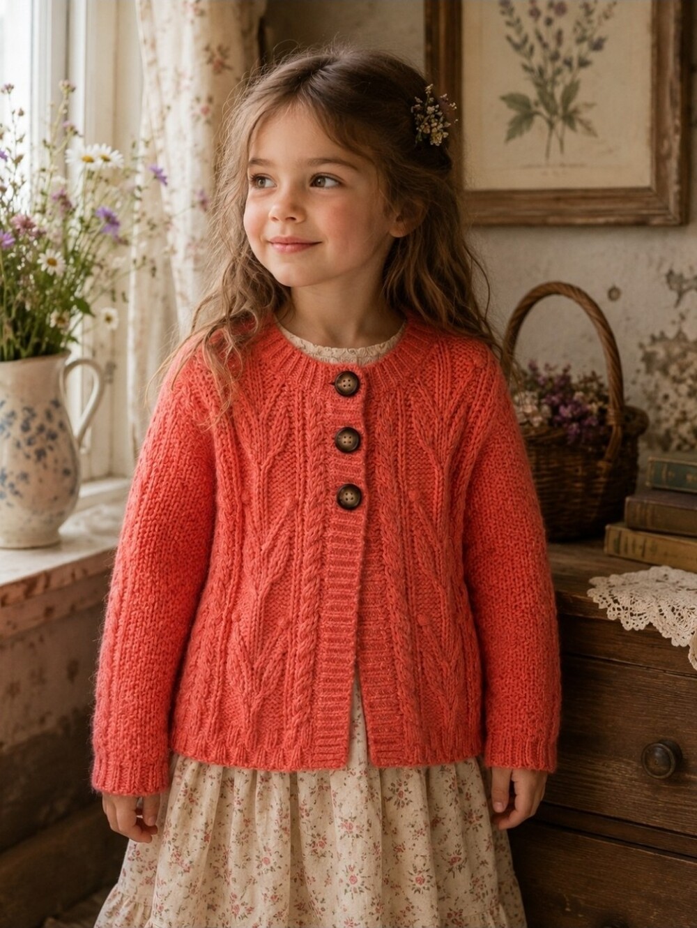 Mini Boden Coral Bobble-Knit Cottage Cardigan with Wooden Buttons Size 4-5y